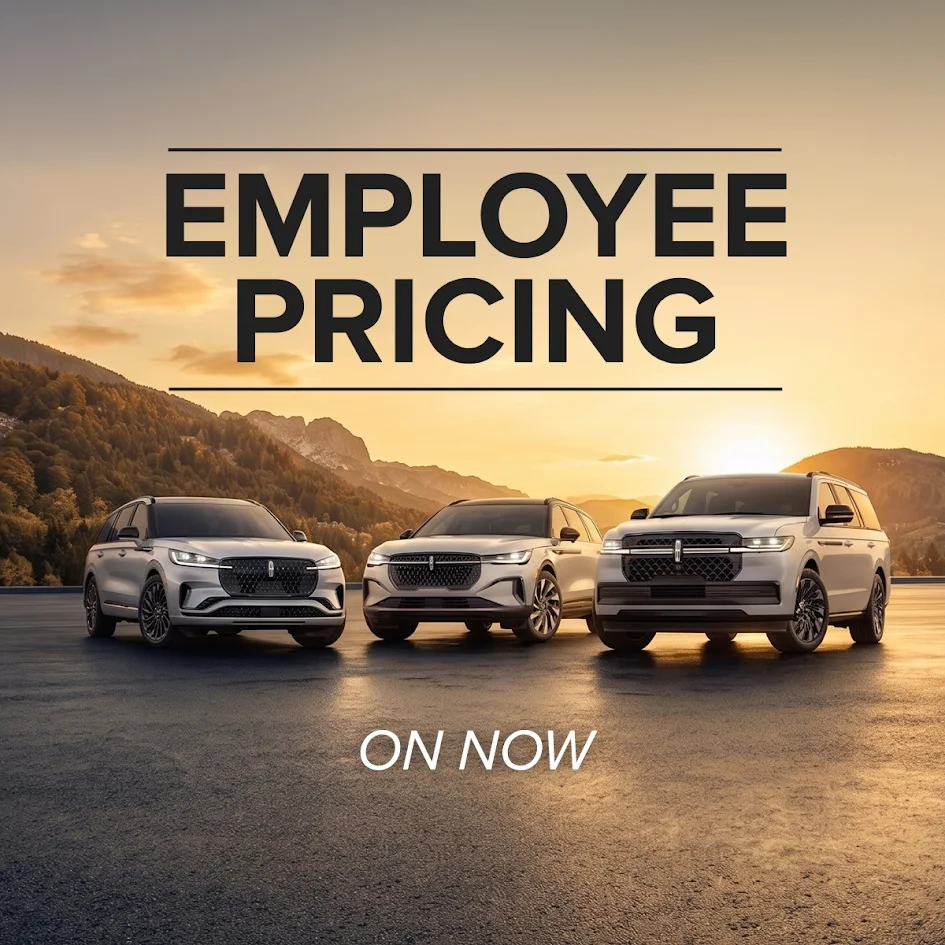 Three cars are showcased with text "Employee Pricing On Now" against a scenic sunset backdrop.