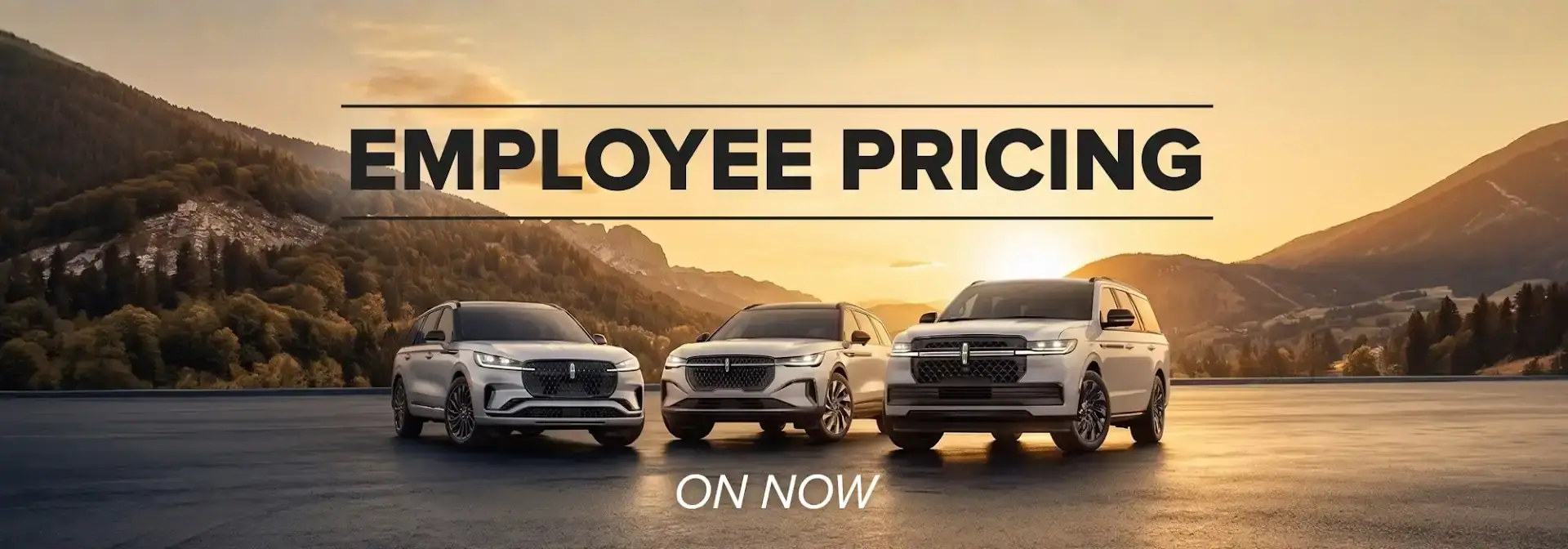 Three cars in front of a mountain sunset with "Employee Pricing On Now" text above.