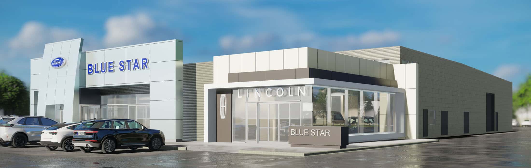 Ford and Lincoln dealership with "Blue Star" signage, modern design, and parked cars.